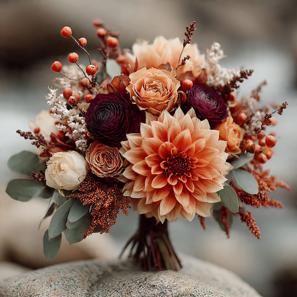 autumn boho wedding bouquet with burnt orange