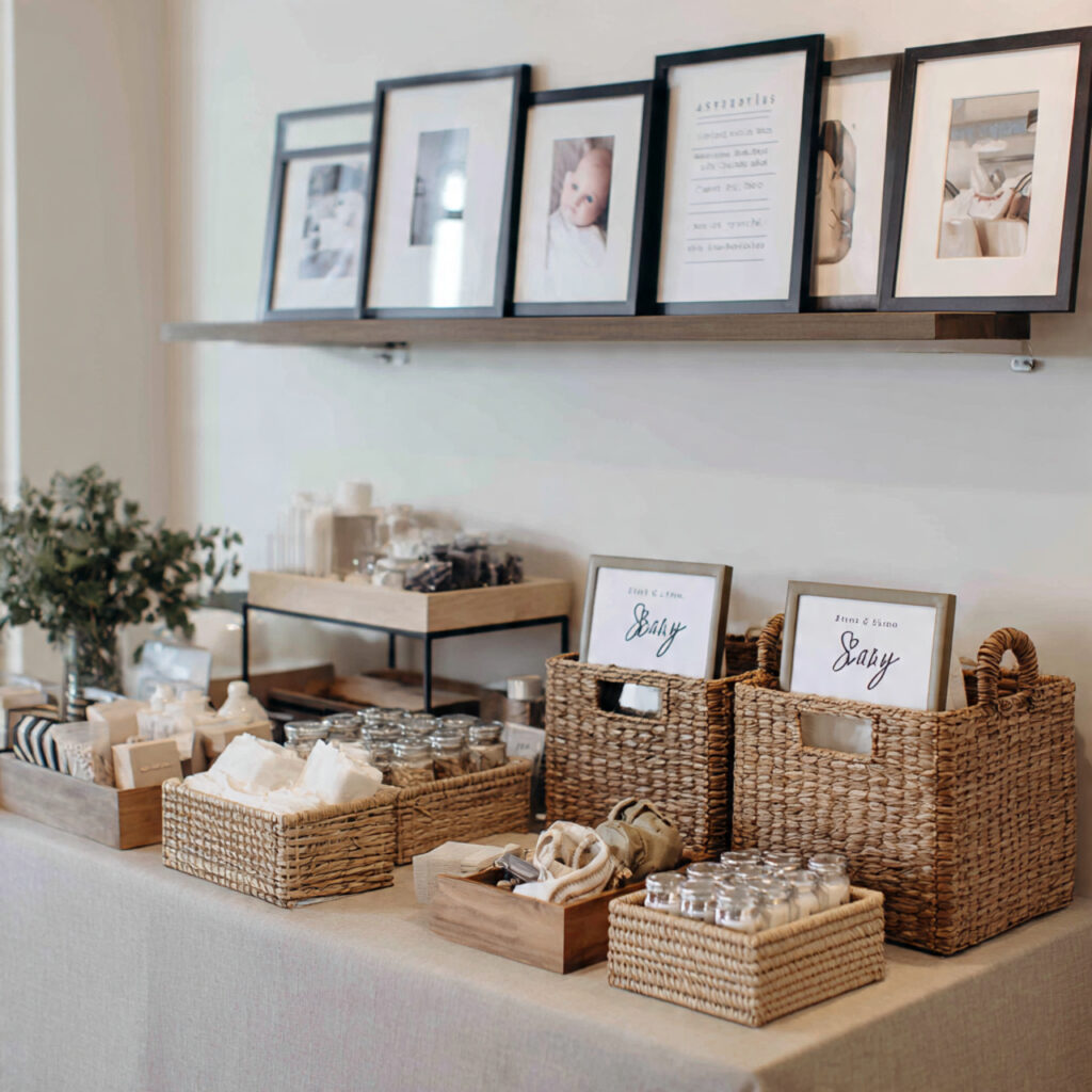 baby shower activity station with clean styling