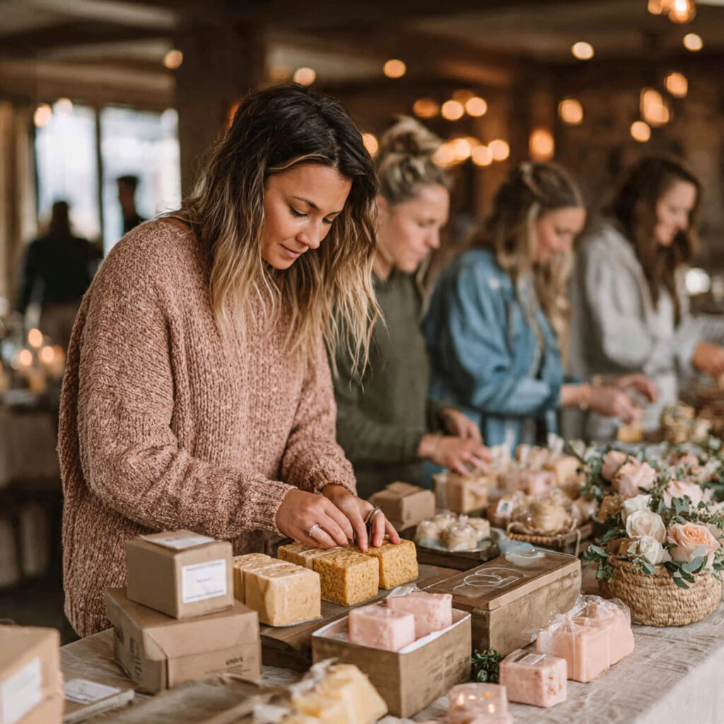 baby shower activity station with guests decorating