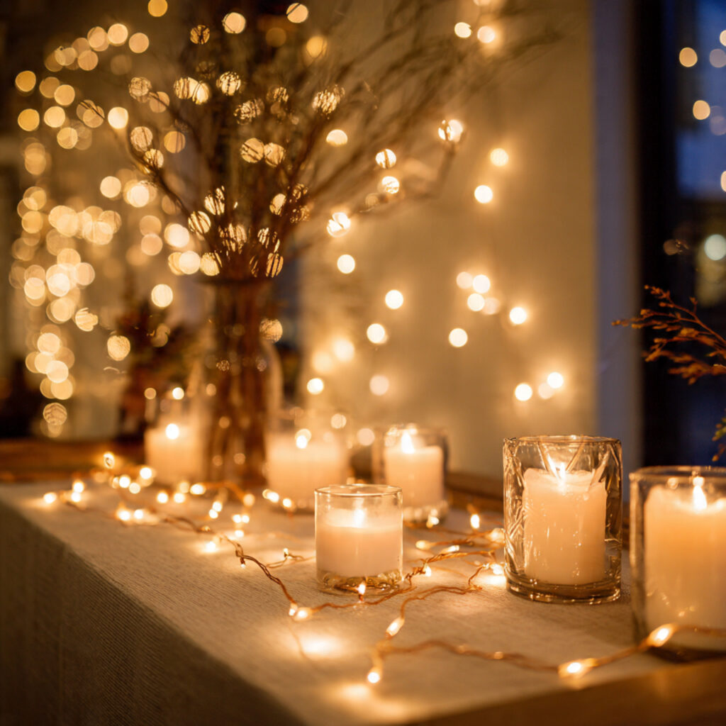 baby shower decor with warm string lights