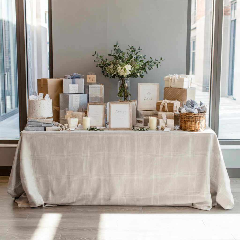 baby shower gift table with neutral tablecloth