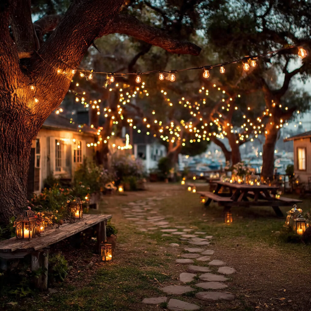 backyard wedding at dusk with warm string
