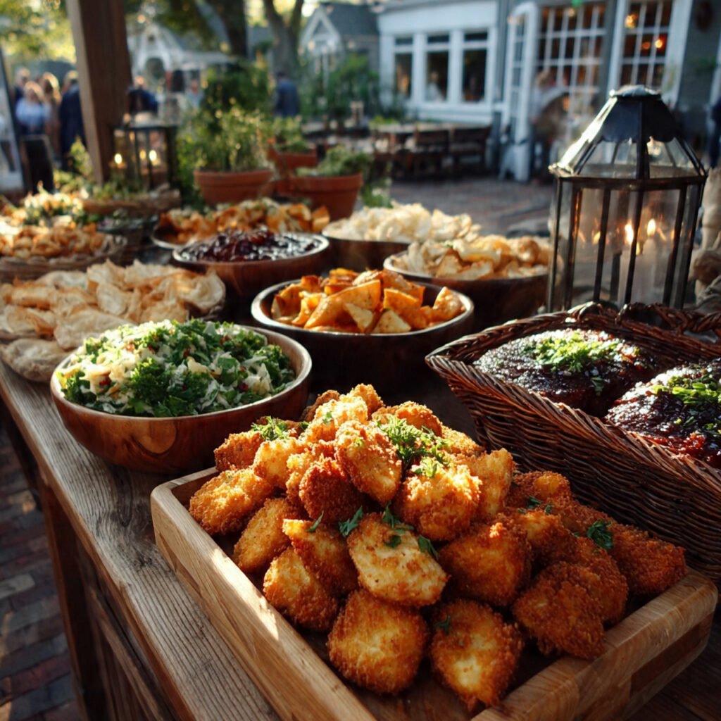 backyard wedding buffet table with simple dishes