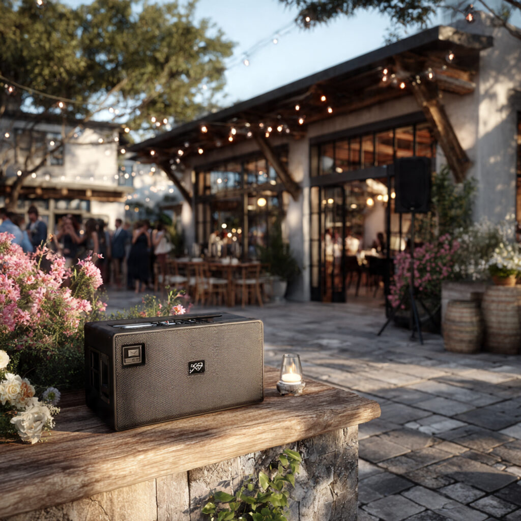backyard wedding dance area with portable speaker