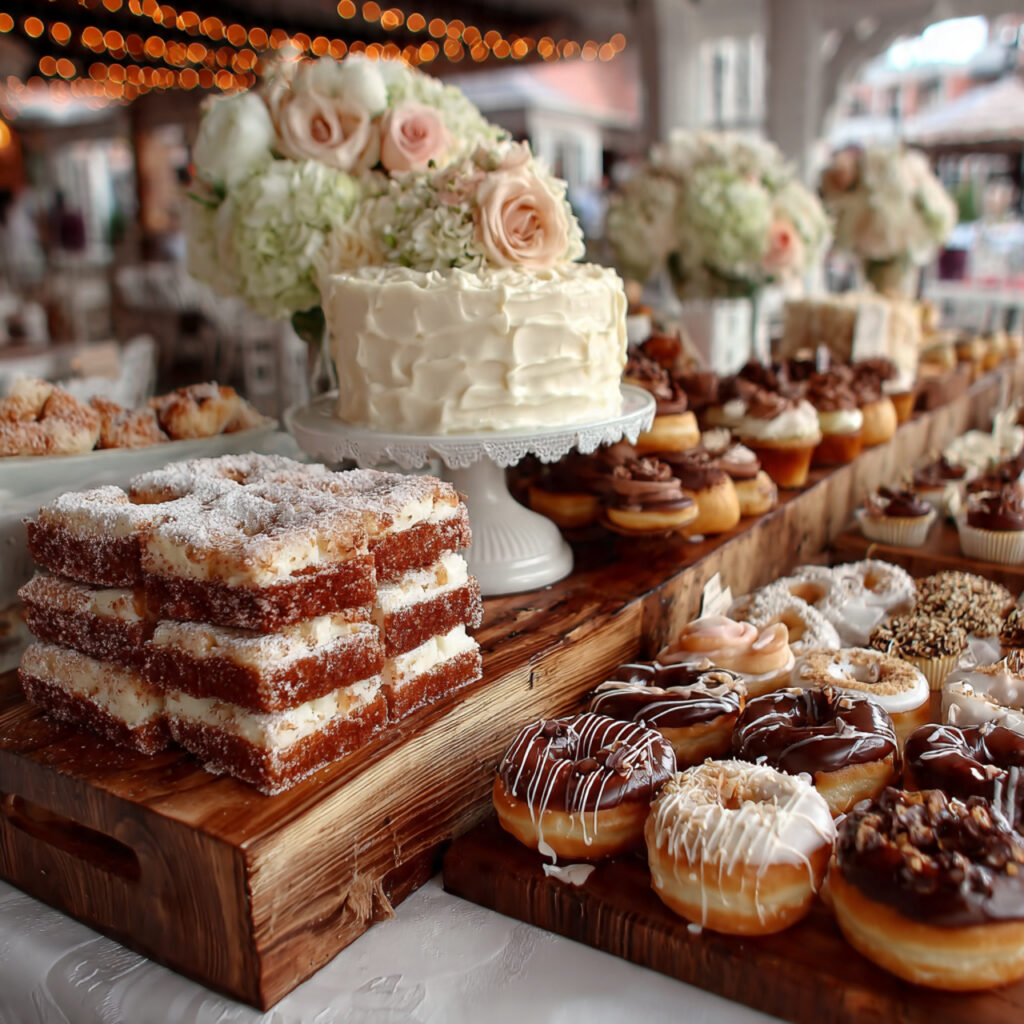 backyard wedding dessert table with sheet cakes