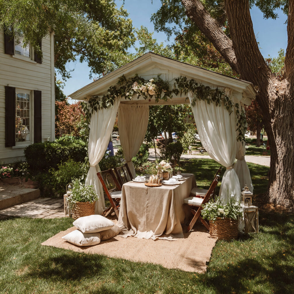 backyard wedding featuring simple diy signage and