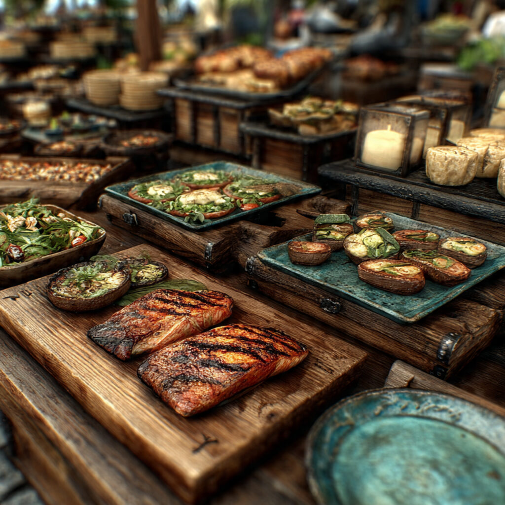 backyard wedding food table with grilled dishes