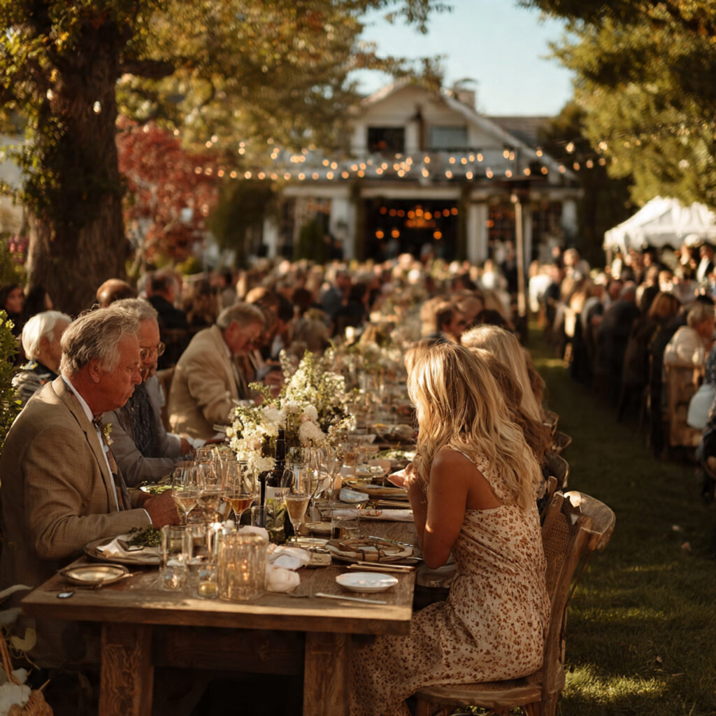 backyard wedding reception in full swing with
