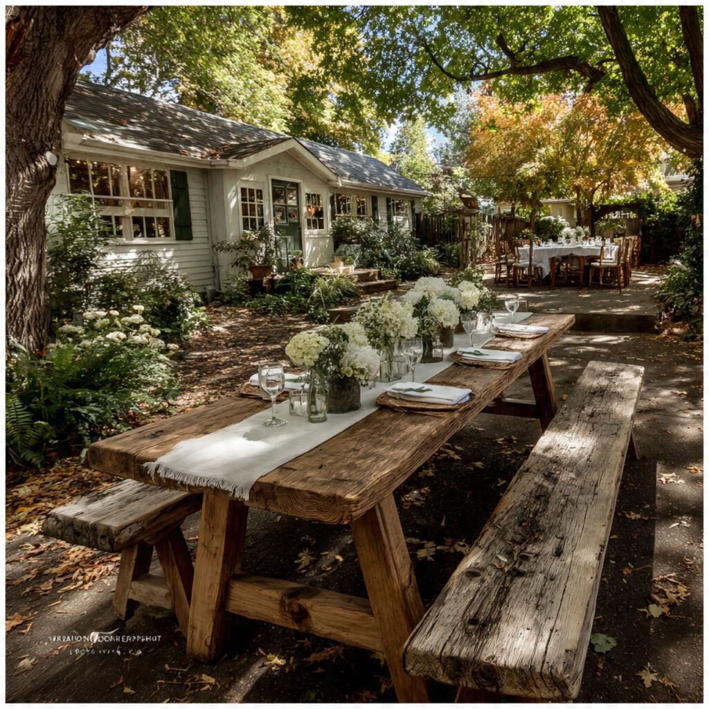 backyard wedding reception with benches picnic tables