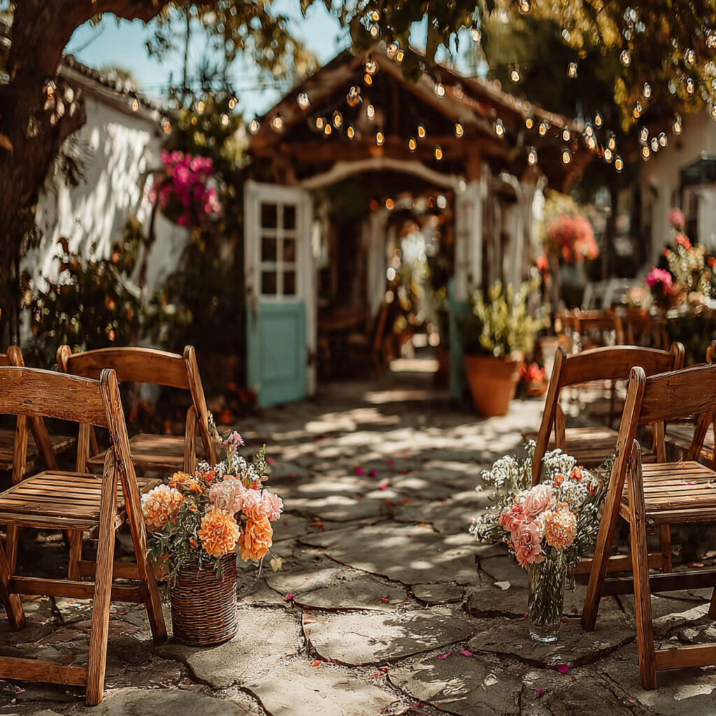 backyard wedding setup with string lights wooden