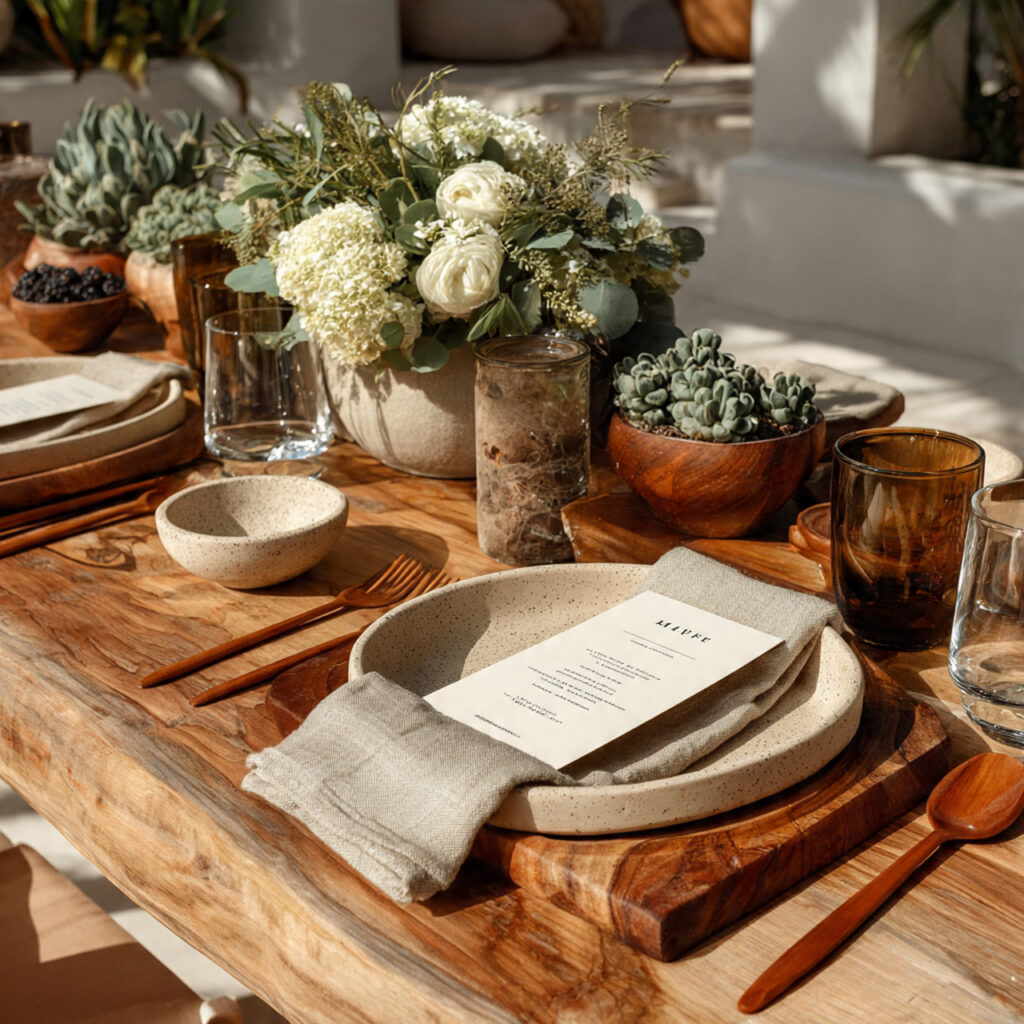 backyard wedding table setup with compostable plates