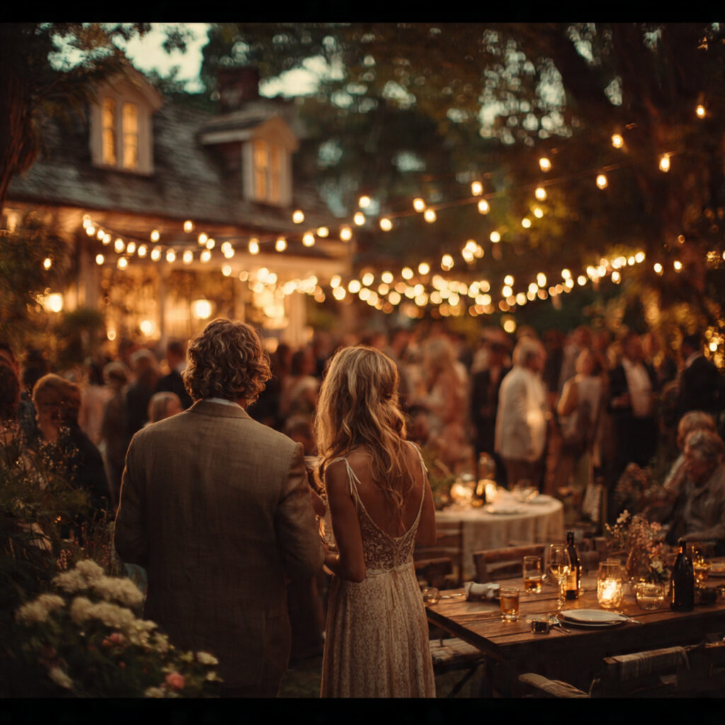 backyard wedding winding down at night soft