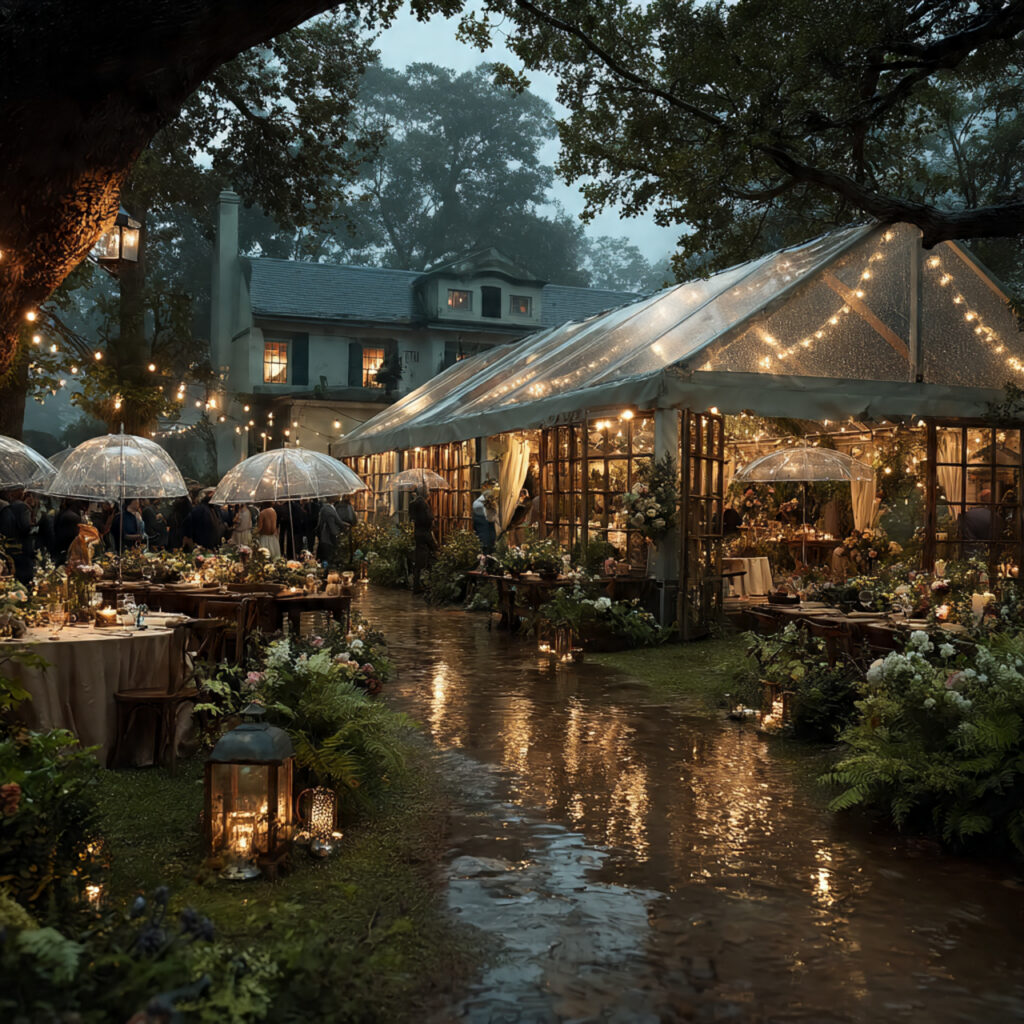 backyard wedding with light rain guests holding