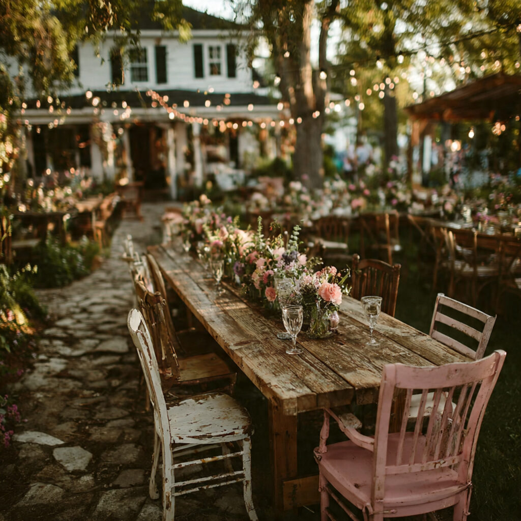 backyard wedding with mismatched borrowed chairs and