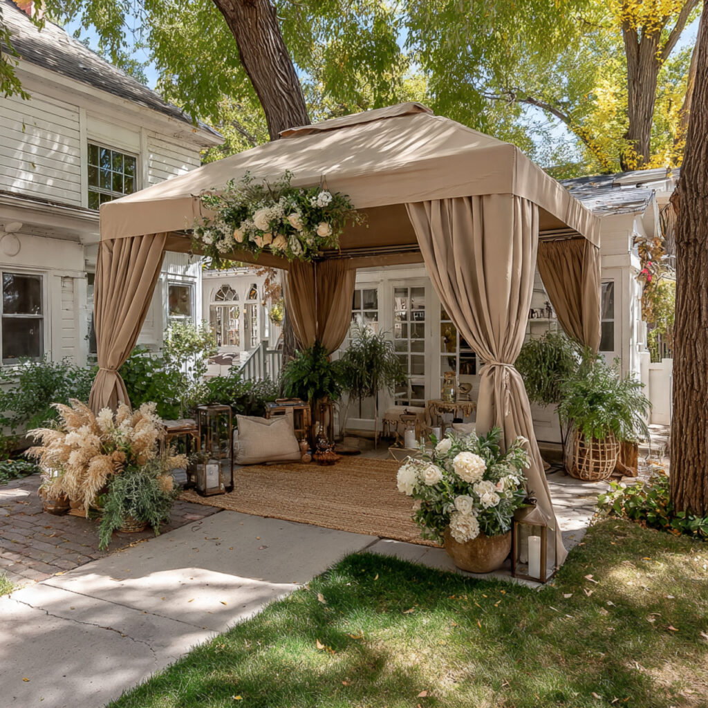 backyard wedding with small canopy tent and
