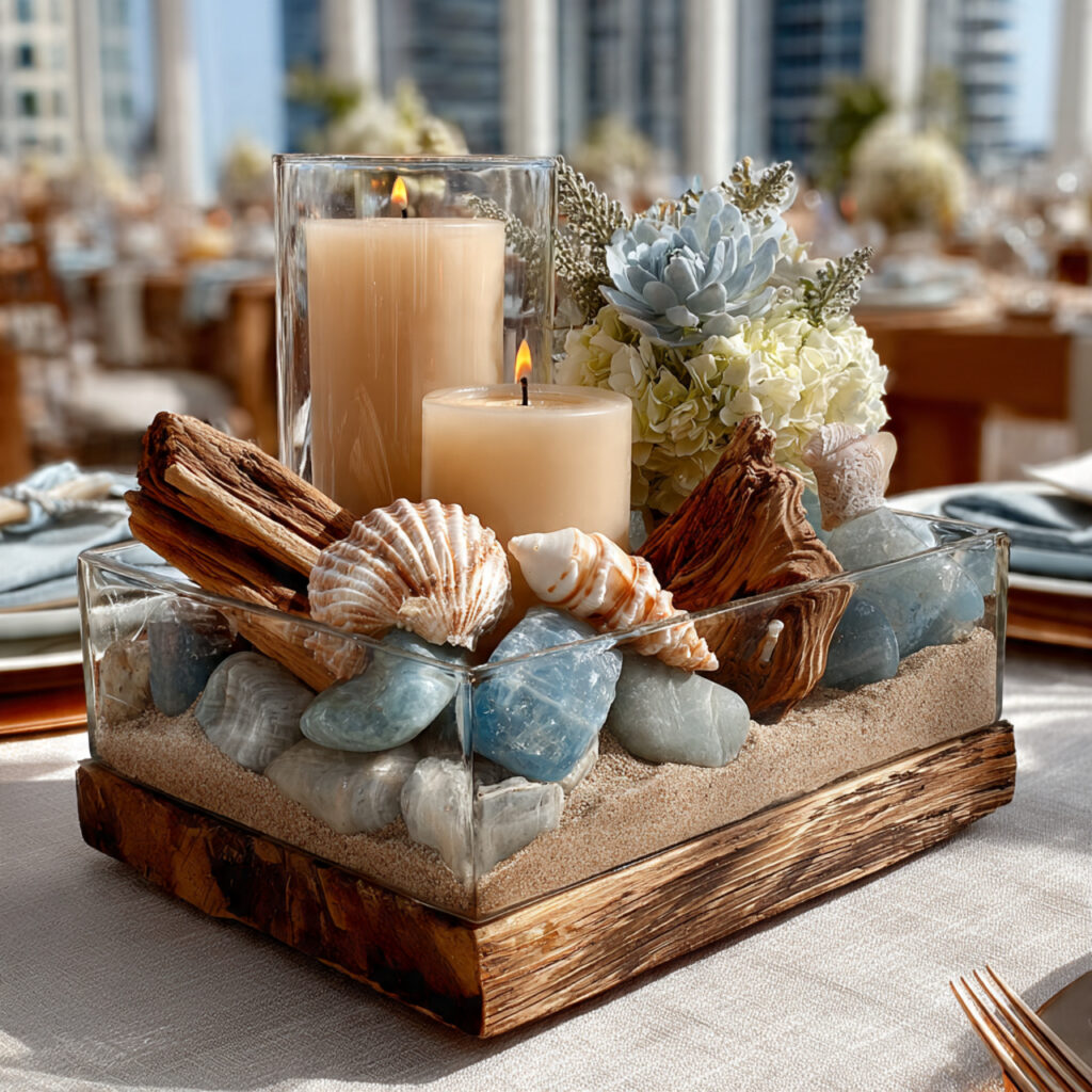 beach inspired wedding centerpiece with clear glass container