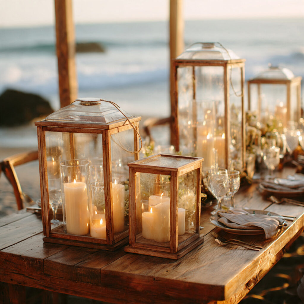 beach wedding centerpiece with clear glass lanterns