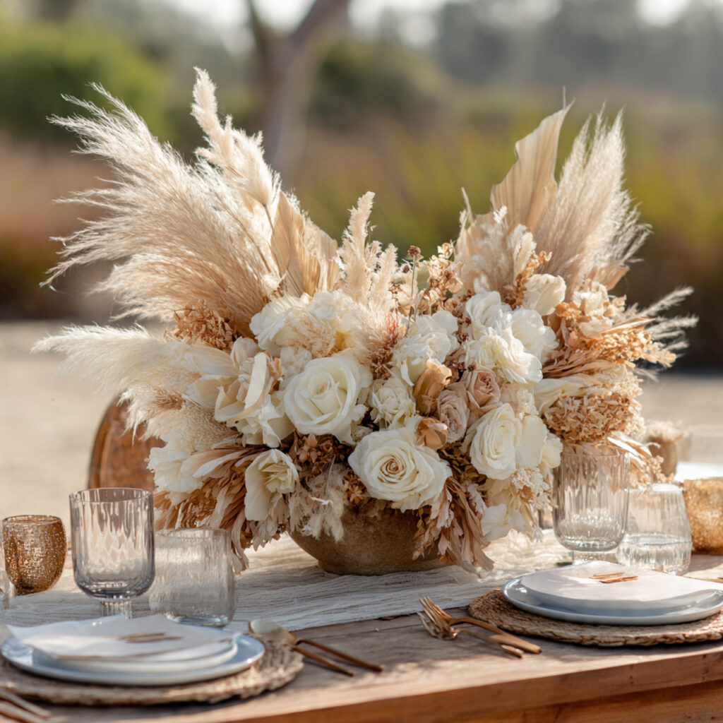 beach wedding centerpiece with pampas grass and