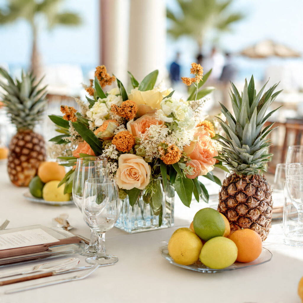 beach wedding centerpiece with pineapples and citrus