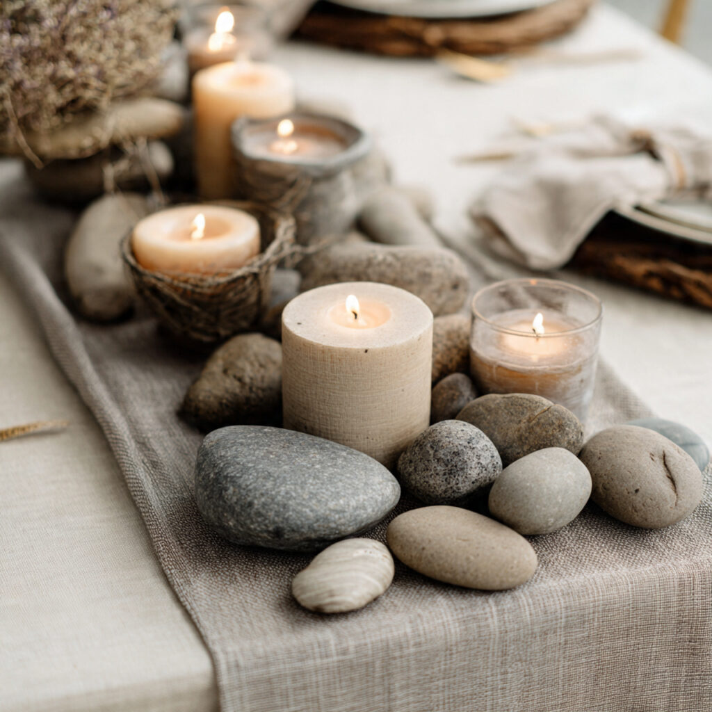 beach wedding centerpiece with smooth coastal stones