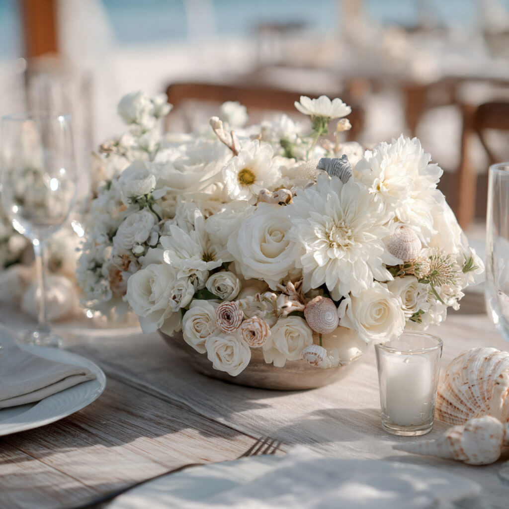 beach wedding centerpiece with white flowers and