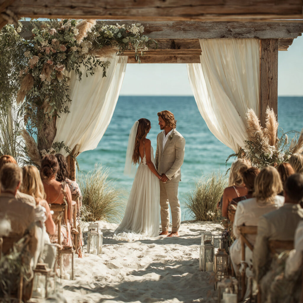 beach wedding ceremony by the ocean white