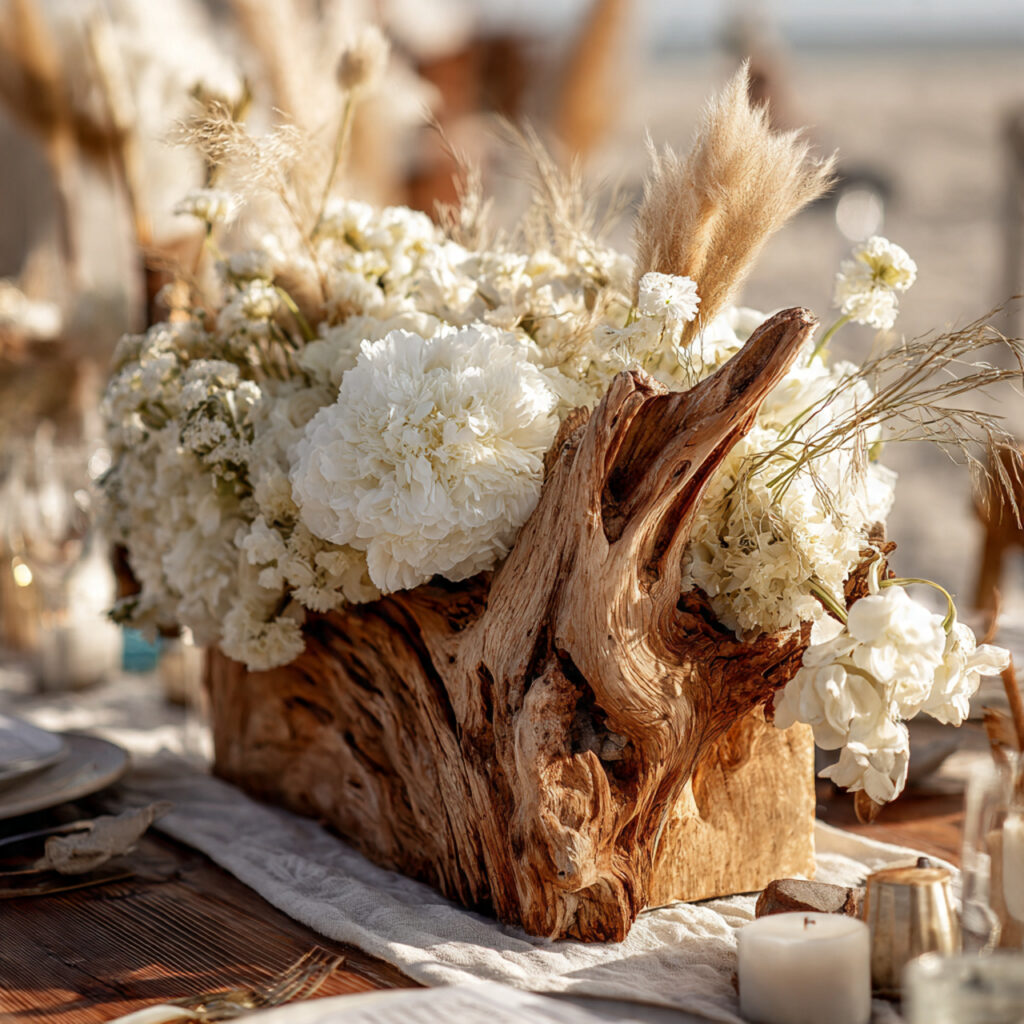 beach wedding table centerpiece featuring natural driftwood