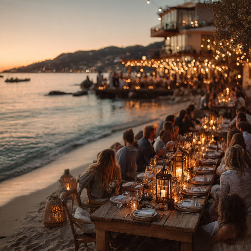 beachside rehearsal dinner at sunset long table