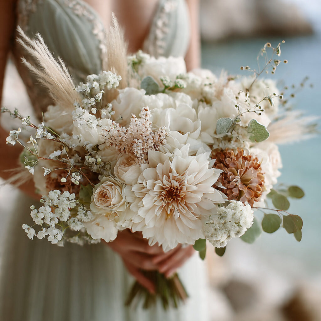 beachy boho wedding bouquet with pale florals