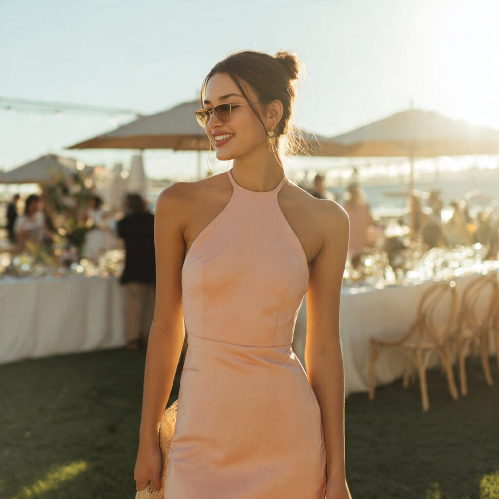 blush halter neck wedding guest dress clean