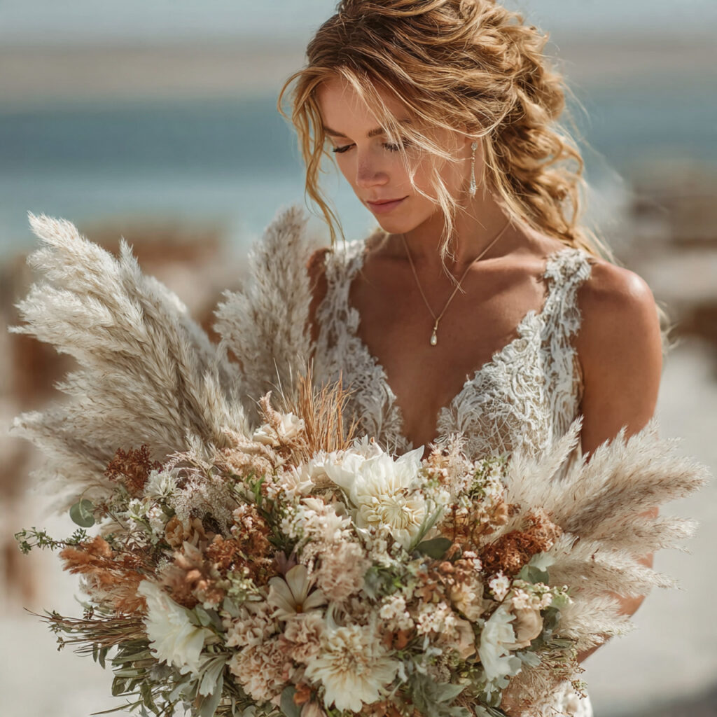 boho wedding bouquet dominated by pampas grass