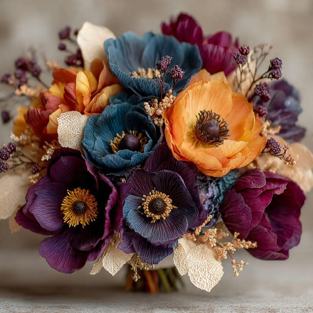 bold color boho wedding bouquet with rich