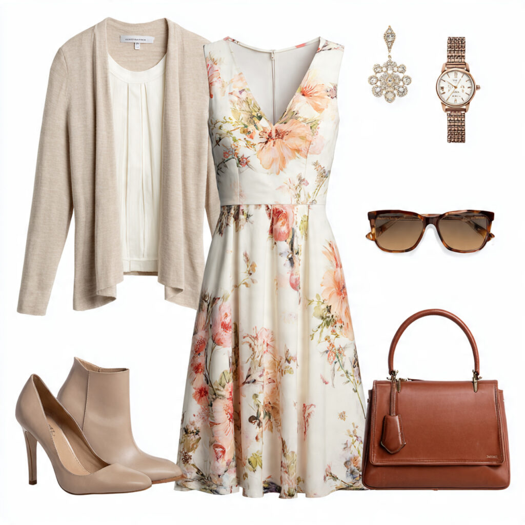 bridal shower guest outfit featuring a printed