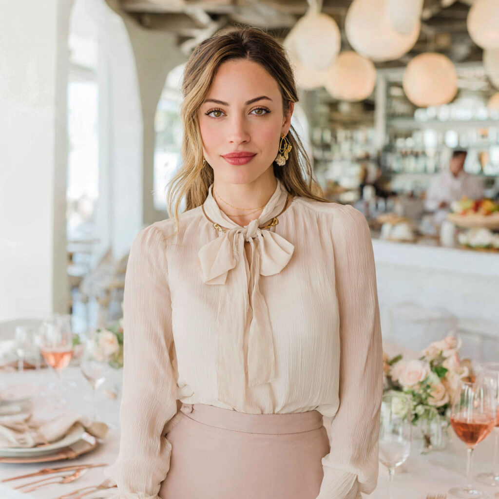 bridal shower guest styled in a soft