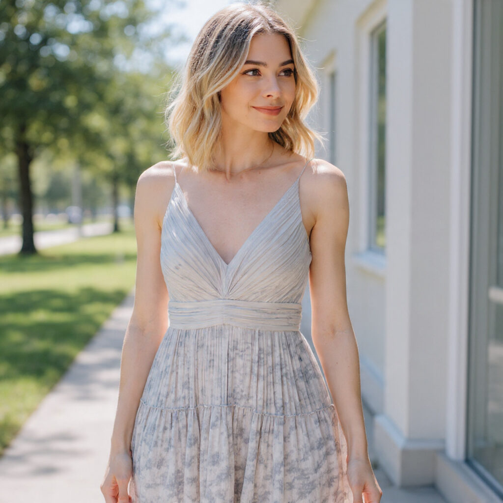bridal shower guest wearing a pastel colored pleated 1