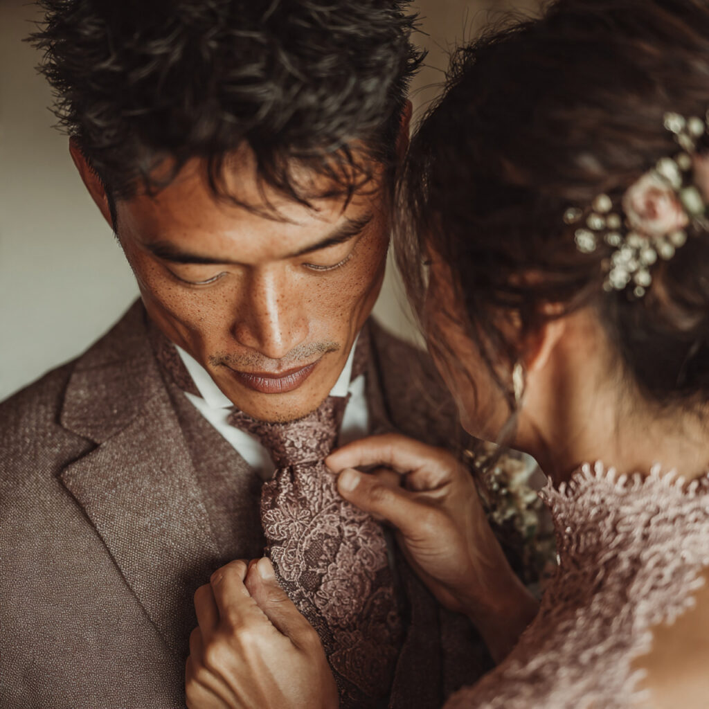 bride adjusting groom s collar during pre wedding