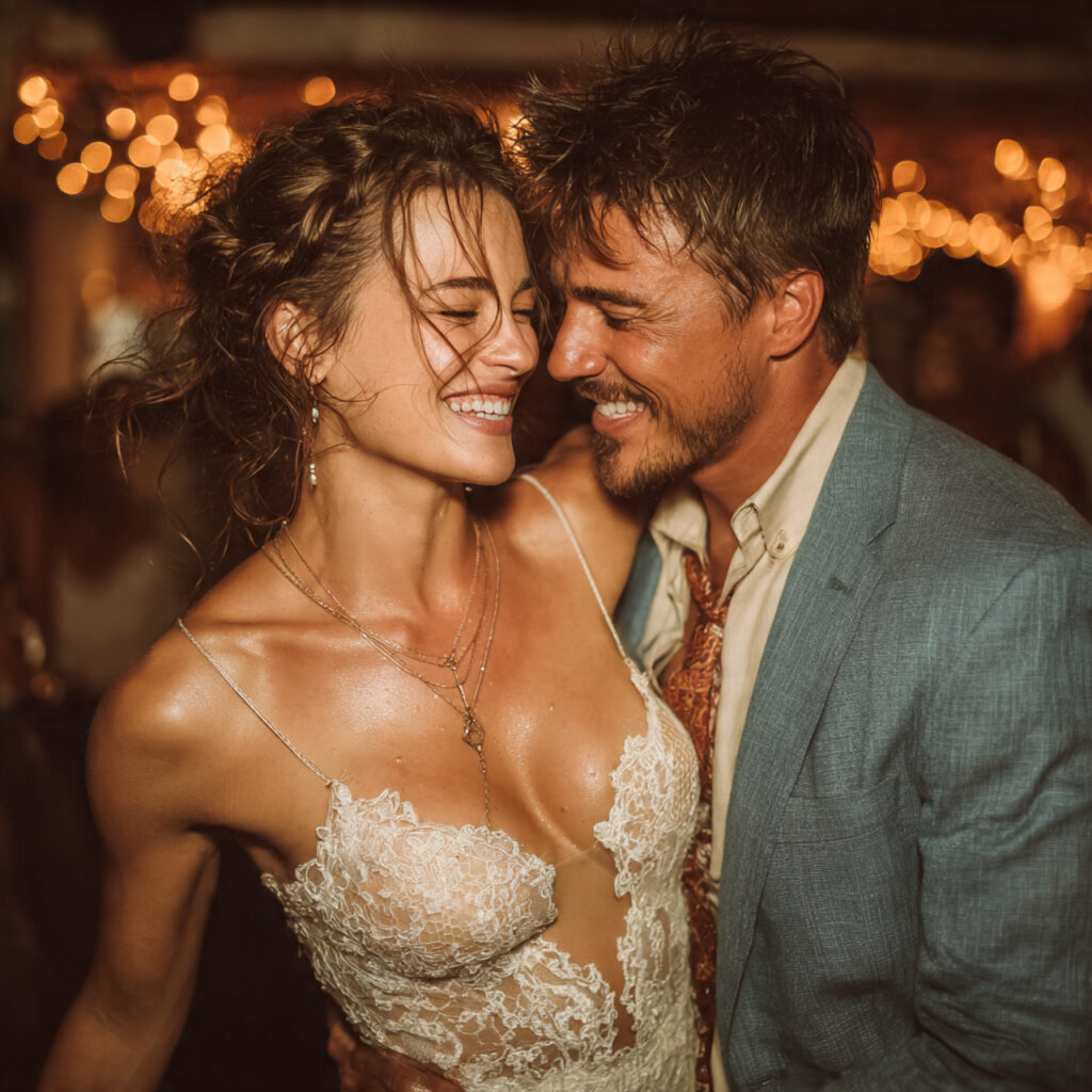 bride and groom smiling and dancing energetically