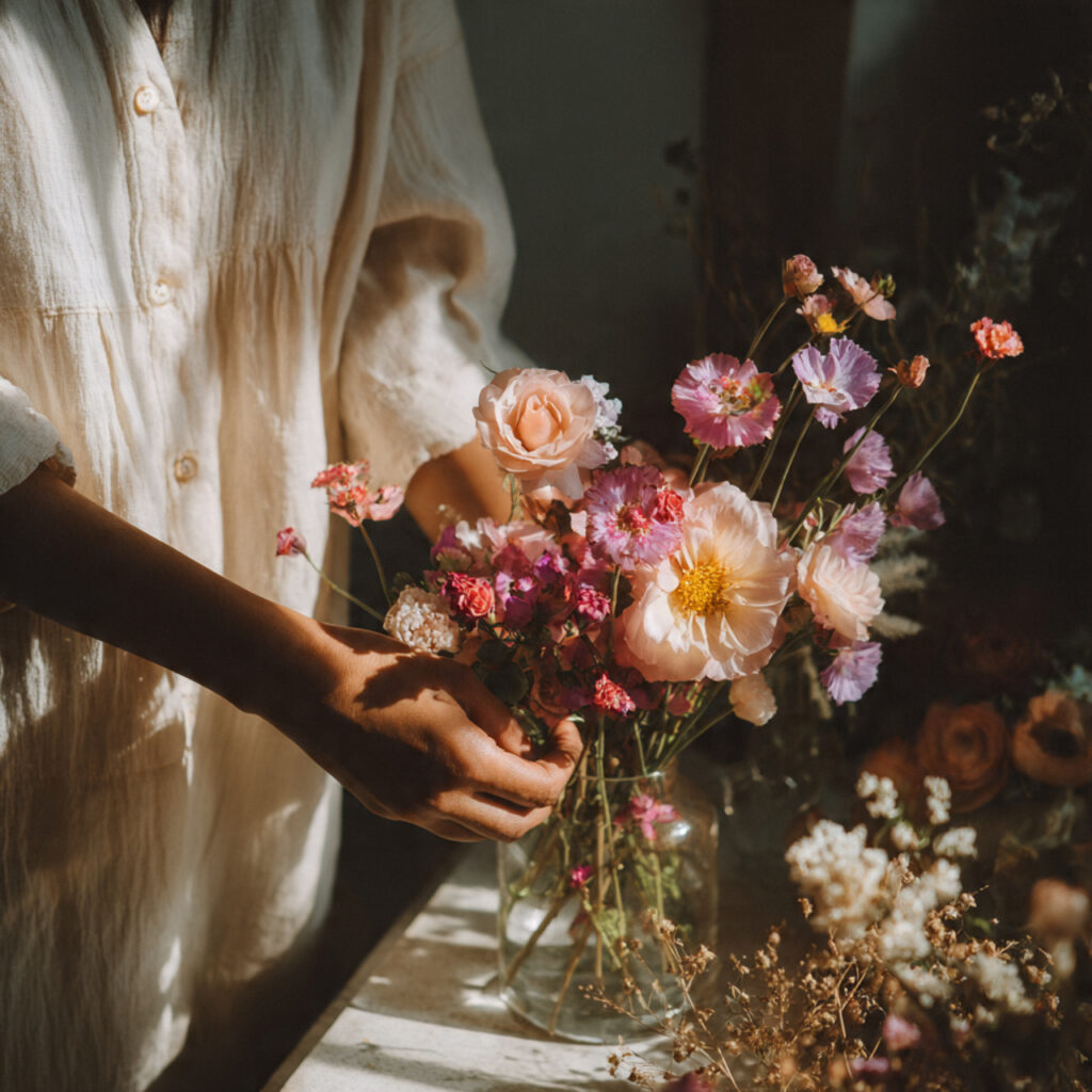 bride arranging simple wedding flowers at home