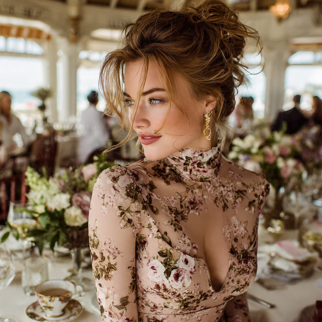 bride in a floral midi dress with