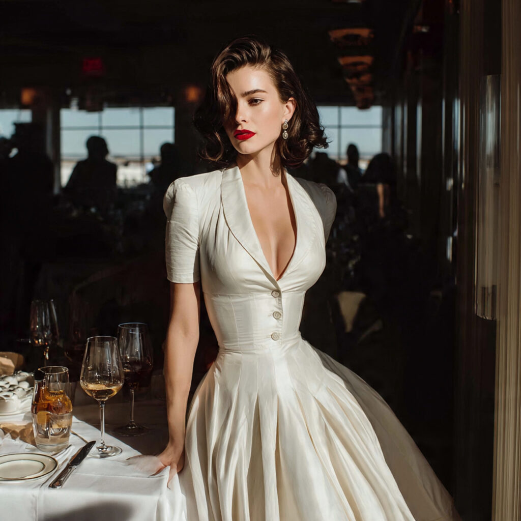 bride in a tea length rehearsal dinner dress