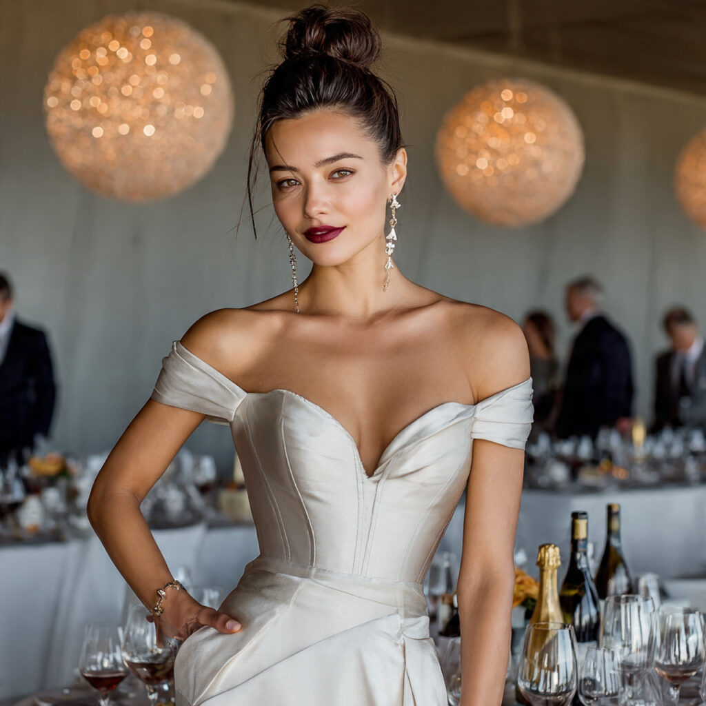 bride in an off shoulder rehearsal dinner dress