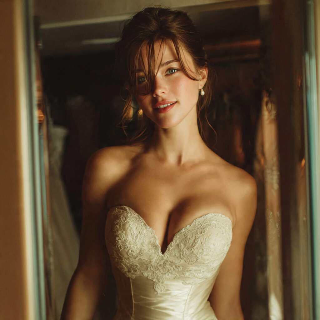 bride trying on a wedding dress in