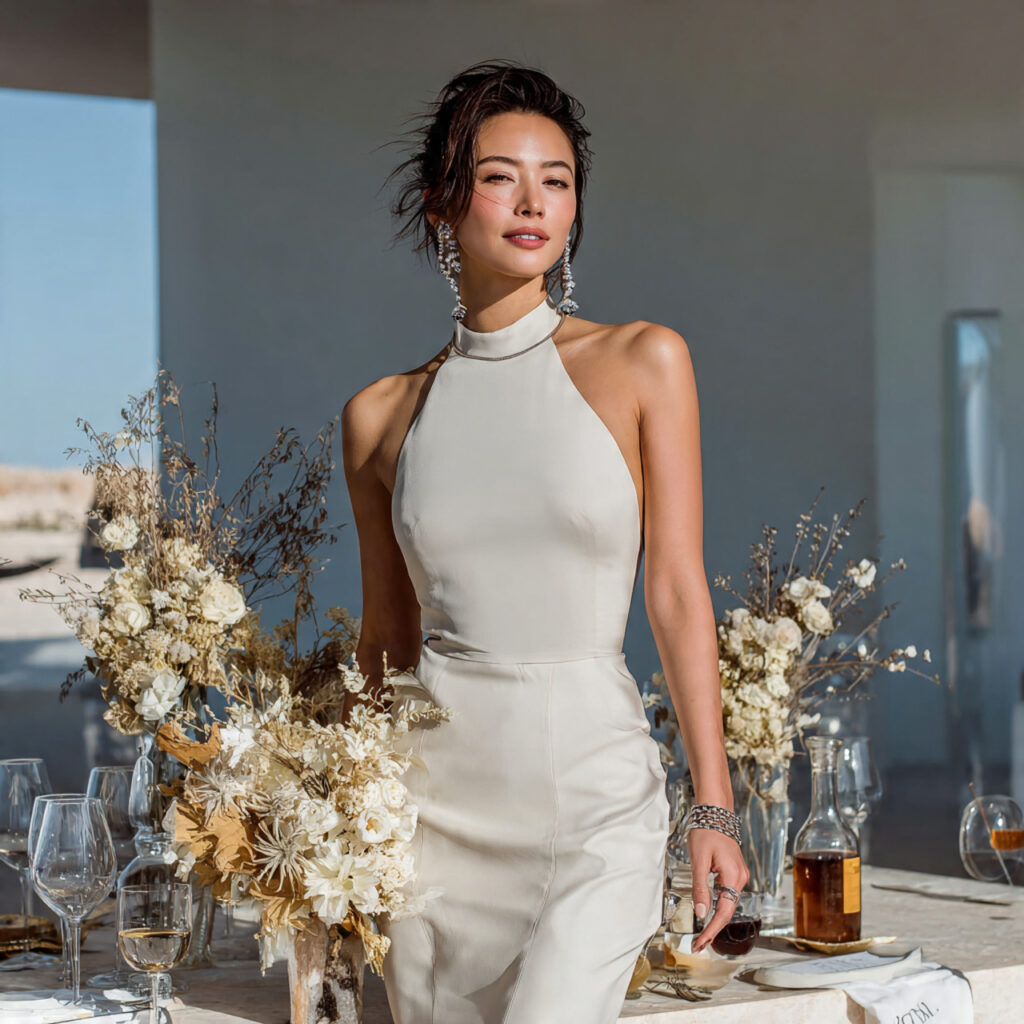 bride wearing a column style dress streamlined silhouette