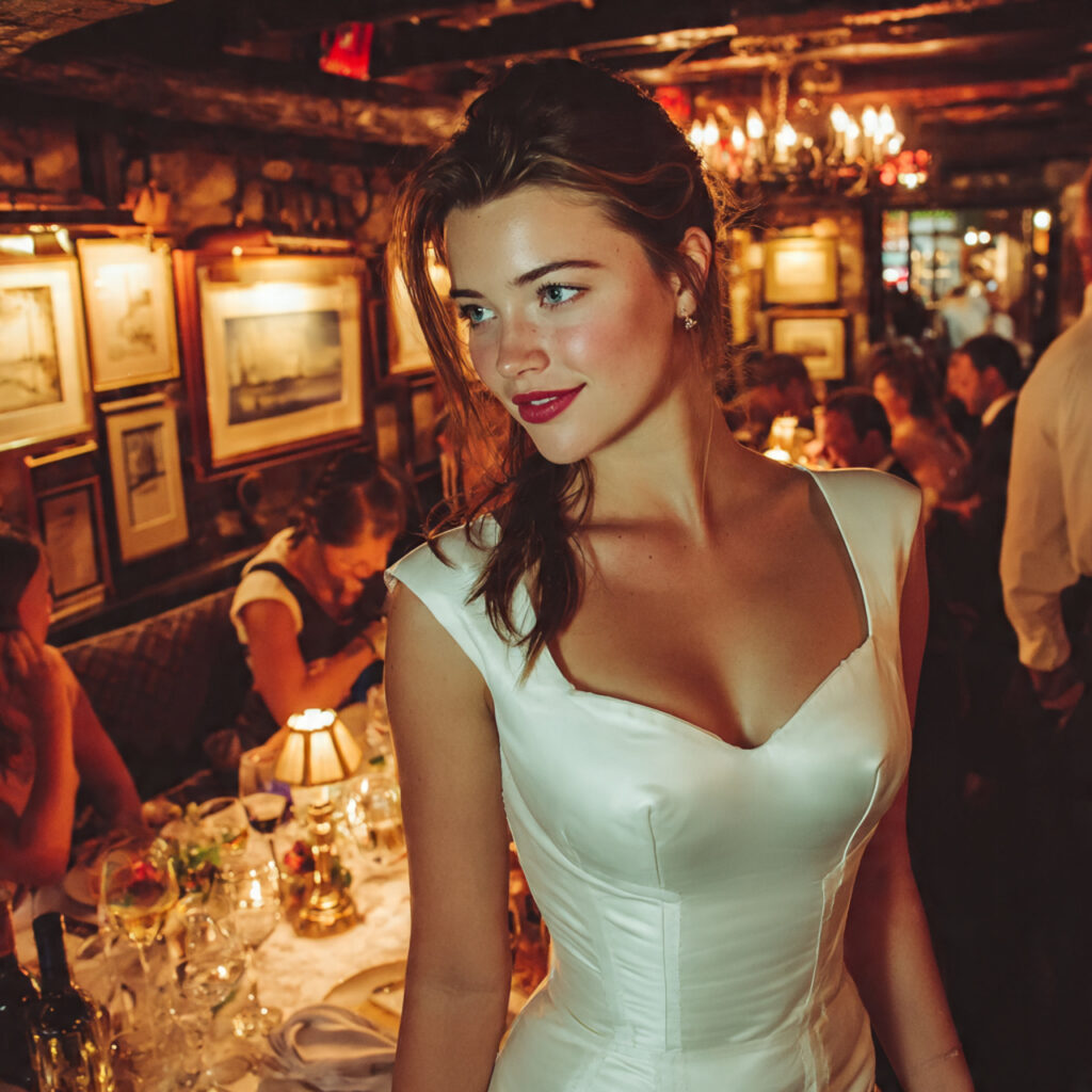 bride wearing a custom tailored rehearsal dinner dress