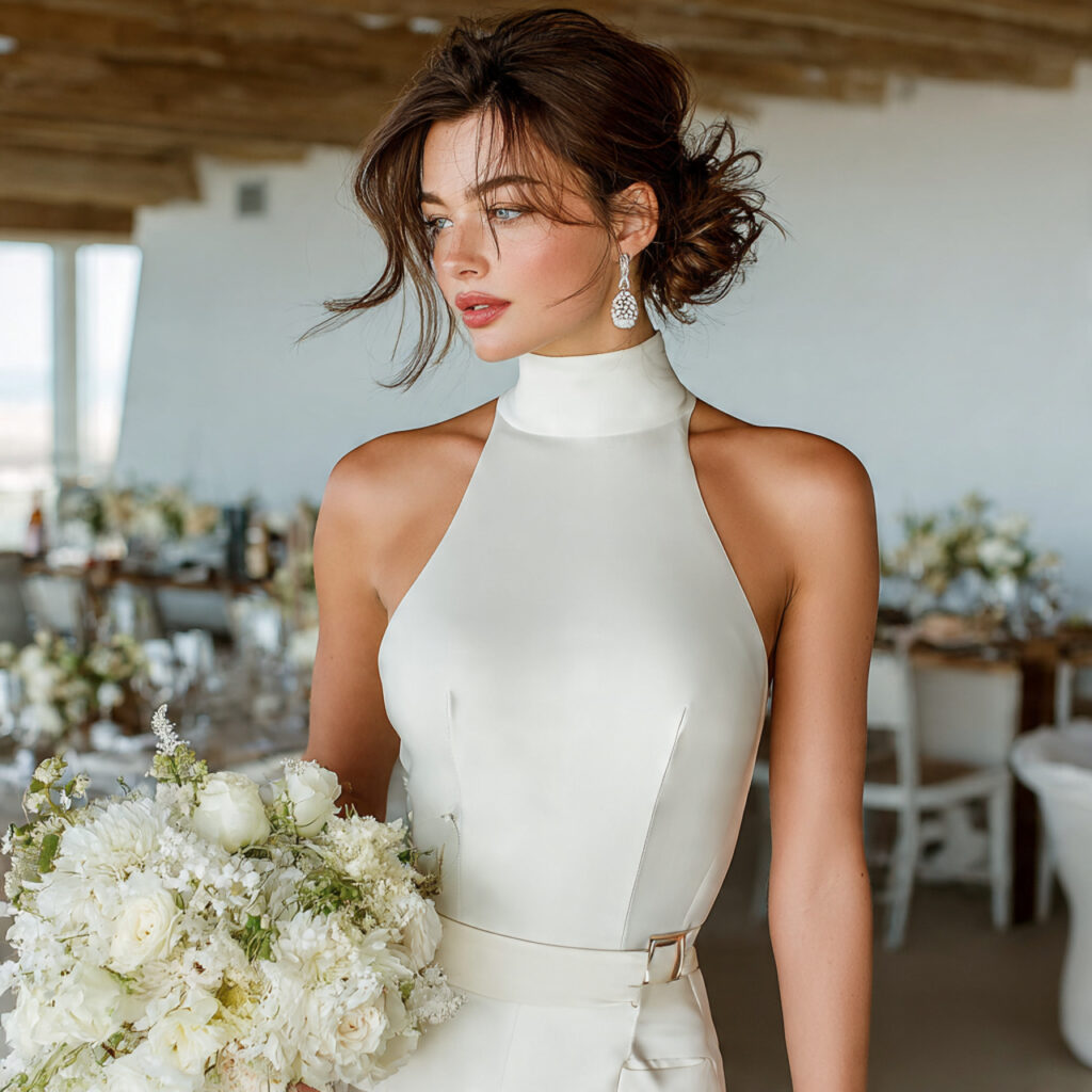 bride wearing a high neck rehearsal dinner dress