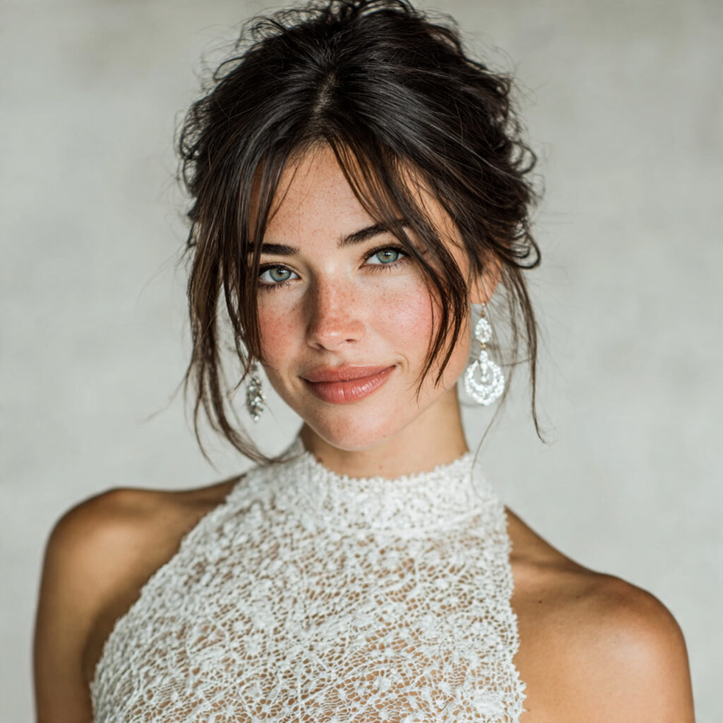 bride wearing a modern lace dress with