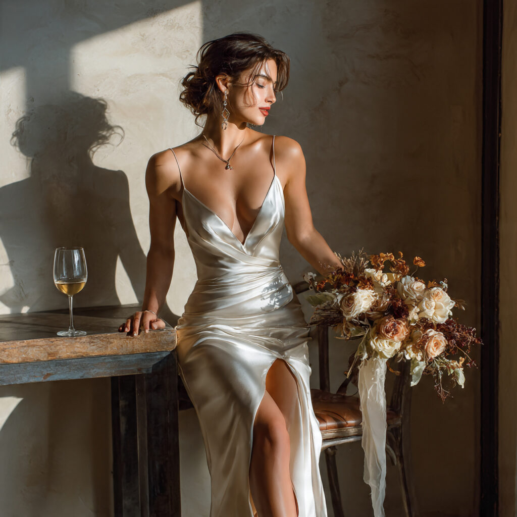 bride wearing a silk slip dress with