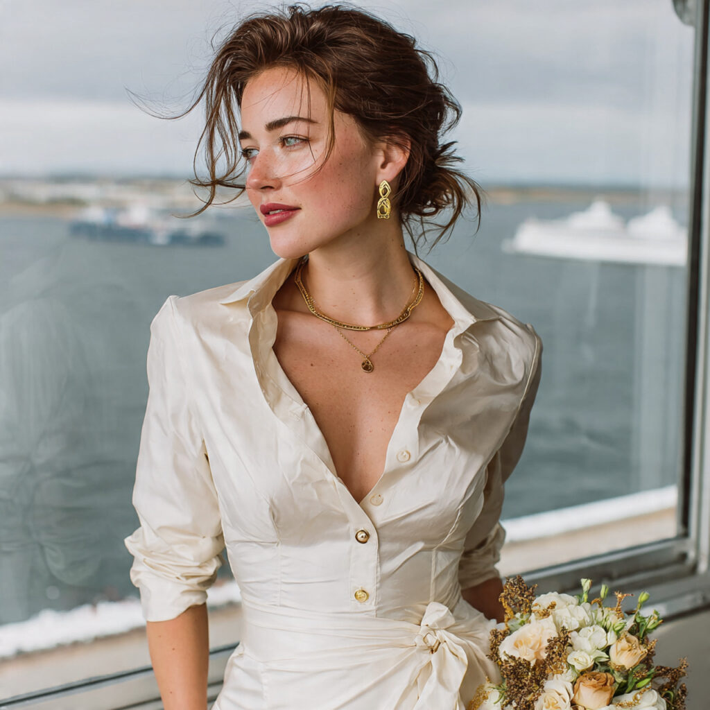 bride wearing a tailored shirt dress in