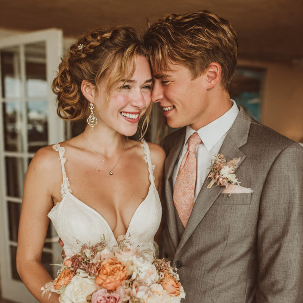 candid wedding day moment of couple smiling