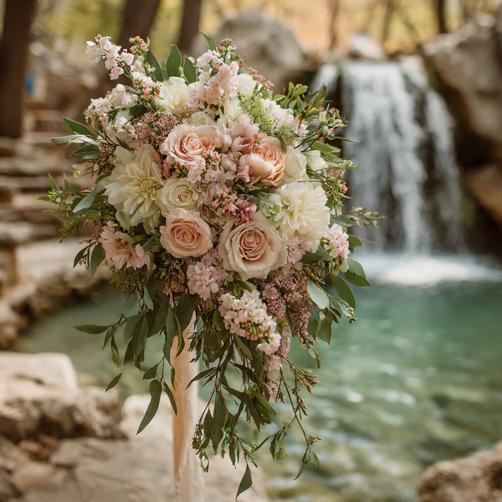 cascading boho wedding bouquet with trailing greenery